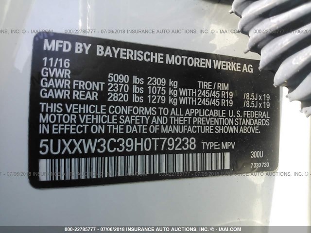 5UXXW3C39H0T79238 - 2017 BMW X4 XDRIVE28I WHITE photo 9