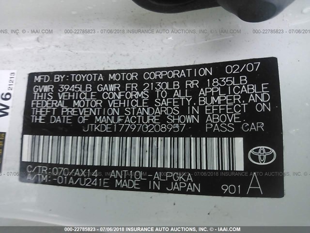 JTKDE177970208957 - 2007 TOYOTA SCION TC 白色 照片 9