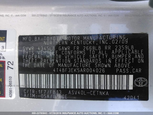 4T4BF3EK5AR004026 - 2010 TOYOTA CAMRY SE/LE/XLE SILVER photo 9