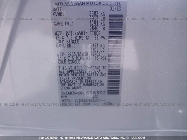 5N1AR2MN0DC636302 - 2013 NISSAN PATHFINDER S/SV/SL/PLATINUM 银色 照片 9