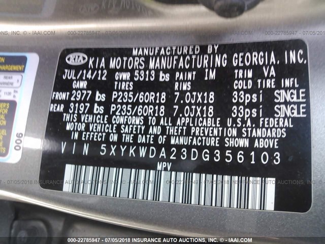 5XYKWDA23DG356103 - 2013 KIA SORENTO SX GRAY photo 9