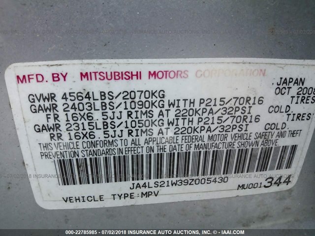 JA4LS21W39Z005430 - 2009 MITSUBISHI OUTLANDER ES ვერცხლისფერი ფოტო 9