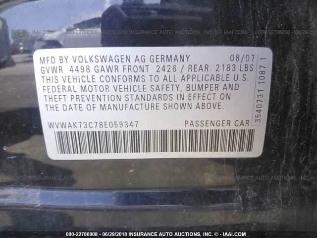 WVWAK73C78E059347 - 2008 VOLKSWAGEN PASSAT KOMFORT BLACK photo 9