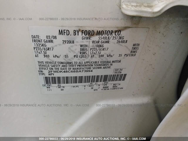 2FMDK48C68BA73994 - 2008 FORD EDGE SEL WHITE photo 9