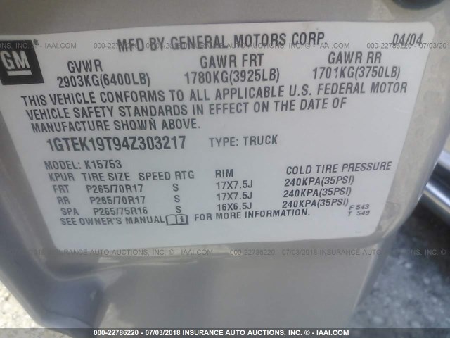 1GTEK19T94Z303217 - 2004 GMC NEW SIERRA K1500 SILVER photo 9