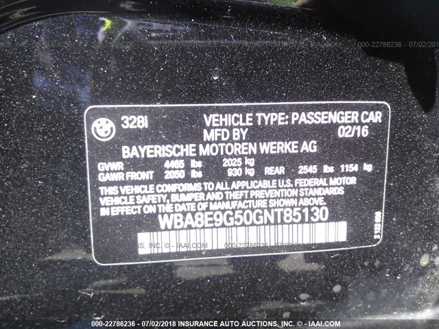 WBA8E9G50GNT85130 - 2016 BMW 328 I SULEV BLACK photo 9