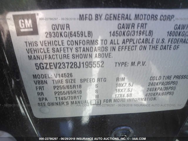 5GZEV23728J195552 - 2008 SATURN OUTLOOK XR შავი ფოტო 9