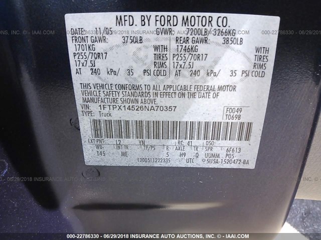 1FTPX14526NA70357 - 2006 FORD F150 Niebieski zdjęcie 9