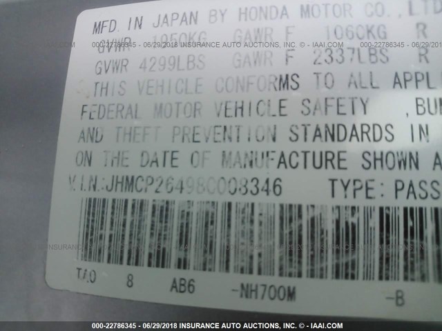 JHMCP26498C008346 - 2008 HONDA ACCORD LXP SILVER photo 9