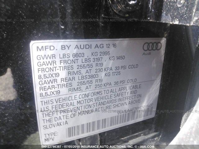 WA1LAAF76HD041400 - 2017 AUDI Q7 PREMIUM PLUS BLACK photo 9