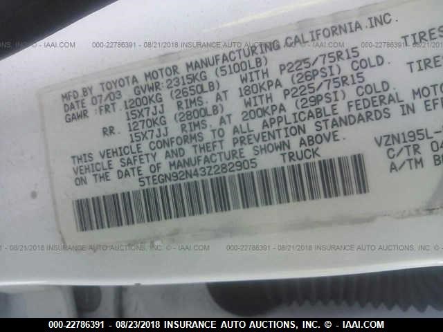 5TEGN92N43Z282905 - 2003 TOYOTA TACOMA DOUBLE CAB PRERUNNER SILVER photo 9