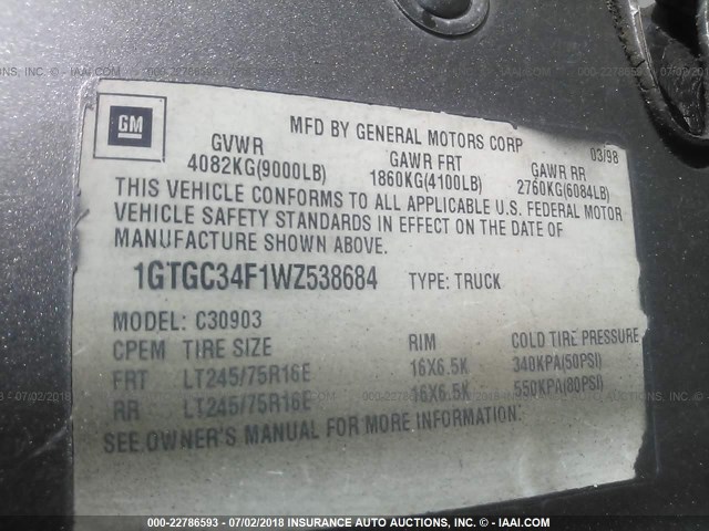 1GTGC34F1WZ538684 - 1998 GMC SIERRA C3500 GOLD photo 9