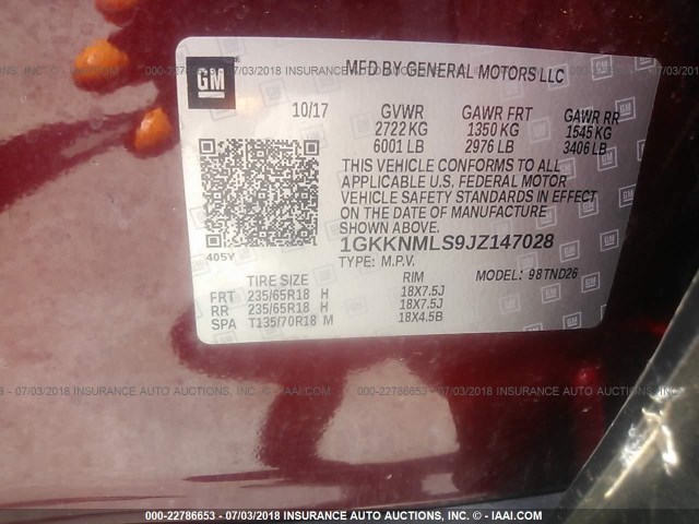 1GKKNMLS9JZ147028 - 2018 GMC ACADIA SLT-1 Kasztanowy zdjęcie 9