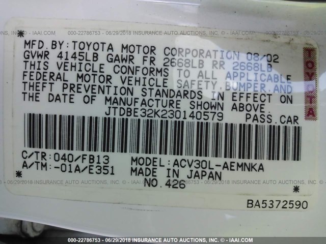 JTDBE32K230140579 - 2003 TOYOTA CAMRY LE/XLE Weiß Foto 9