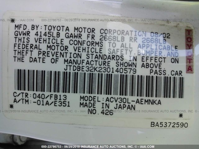 JTDBE32K230140579 - 2003 TOYOTA CAMRY LE/XLE WHITE photo 9