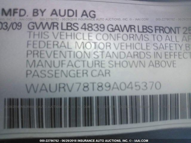 WAURV78T89A045370 - 2009 AUDI S5 QUATTRO GRAY photo 9