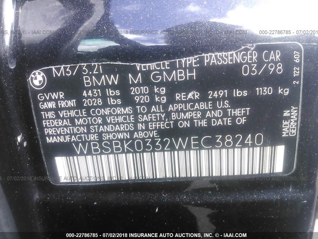 WBSBK0332WEC38240 - 1998 BMW M3 AUTOMATIC BLACK photo 9