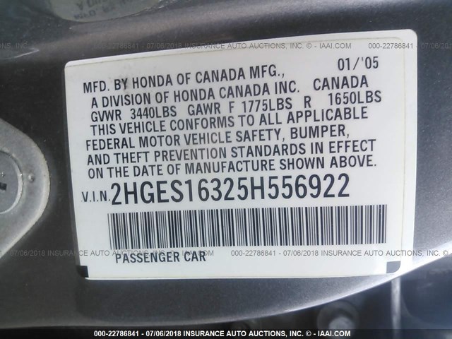 2HGES16325H556922 - 2005 HONDA CIVIC DX VP GRAY photo 9