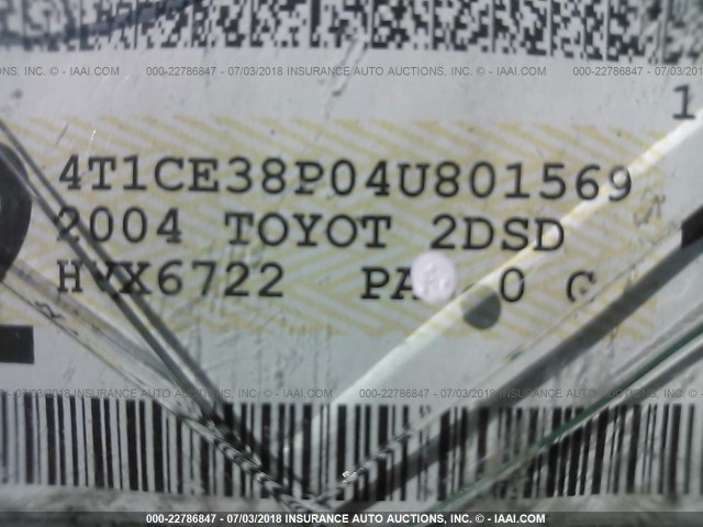 4T1CE38P04U801569 - 2004 TOYOTA CAMRY SOLARA SE/SLE ვერცხლისფერი ფოტო 9