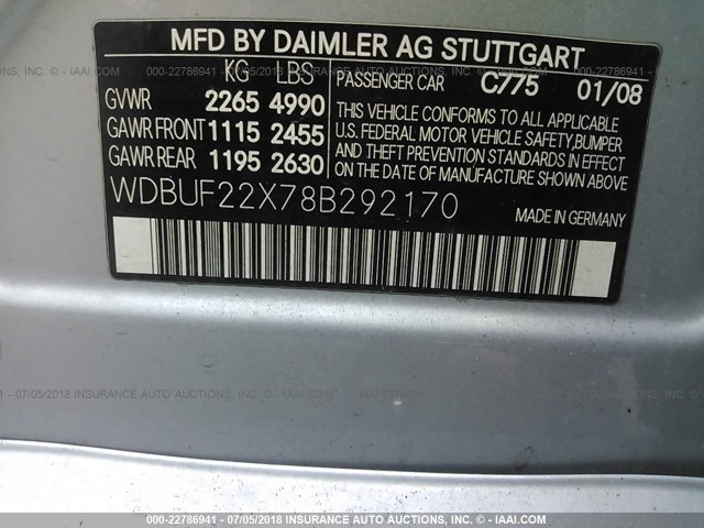 WDBUF22X78B292170 - 2008 MERCEDES-BENZ E 320 CDI SILVER photo 9