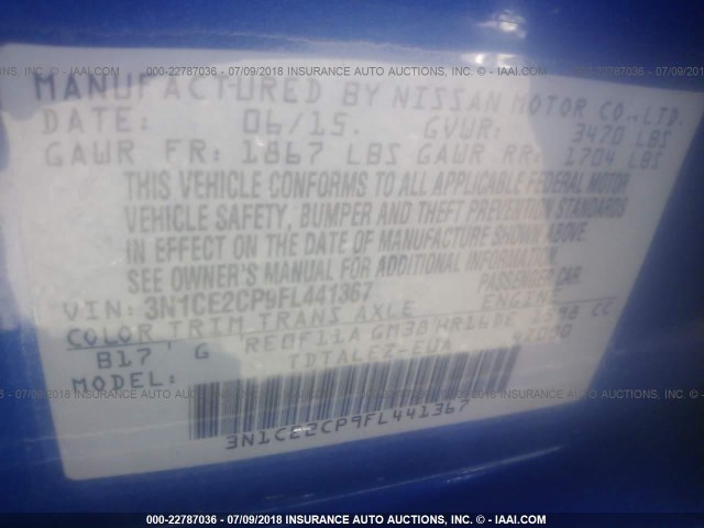3N1CE2CP9FL441367 - 2015 NISSAN VERSA NOTE S/S PLUS/SV/SL/SR BLUE photo 9