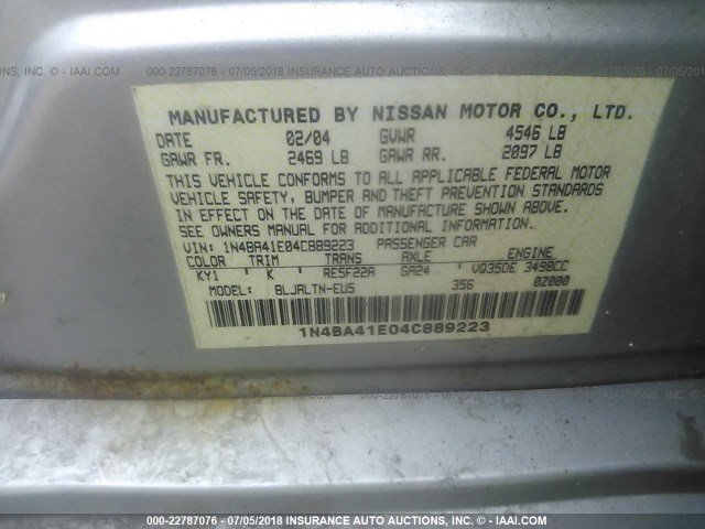 1N4BA41E04C889223 - 2004 NISSAN MAXIMA SE/SL SILVER photo 9