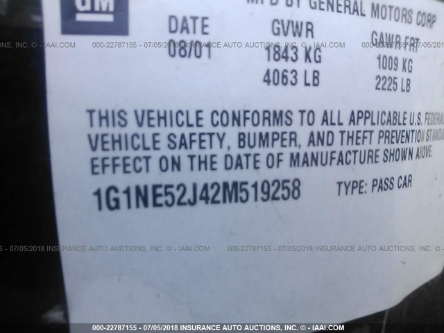 1G1NE52J42M519258 - 2002 CHEVROLET MALIBU LS BLACK photo 9