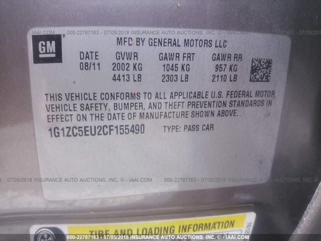 1G1ZC5EU2CF155490 - 2012 CHEVROLET MALIBU 1LT 灰色 照片 9