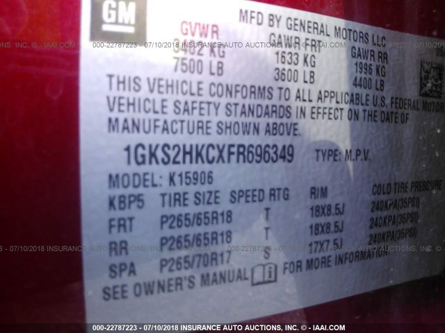 1GKS2HKCXFR696349 - 2015 GMC YUKON XL K1500 SLT RED photo 9