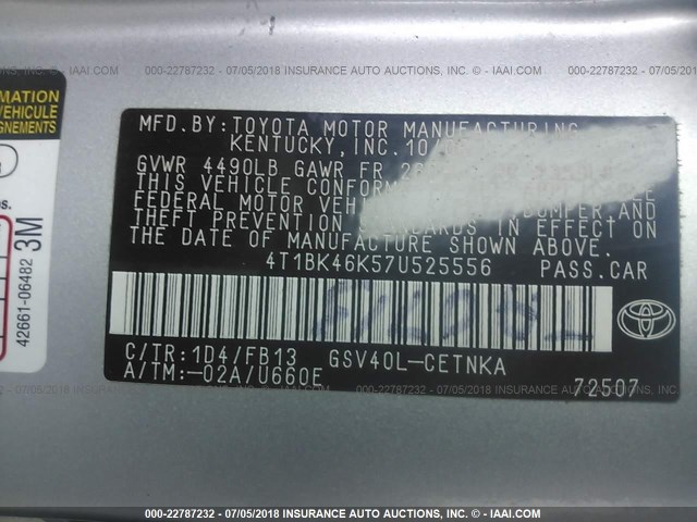 4T1BK46K57U525556 - 2007 TOYOTA CAMRY NEW GENERAT LE/XLE/SE SILVER photo 9