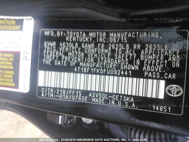 4T1BF1FK0FU092441 - 2015 TOYOTA CAMRY LE/XLE/SE/XSE 黑色 照片 9