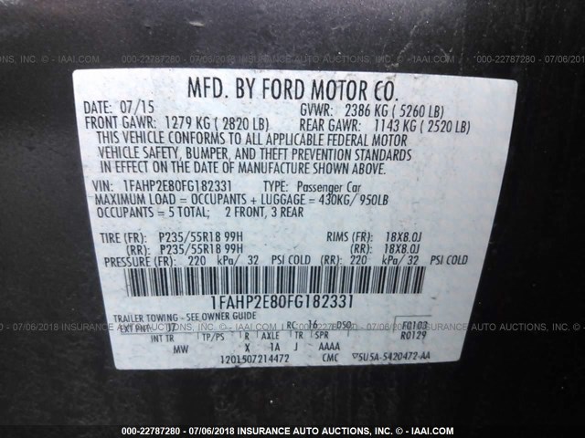 1FAHP2E80FG182331 - 2015 FORD TAURUS SEL GRAY photo 9