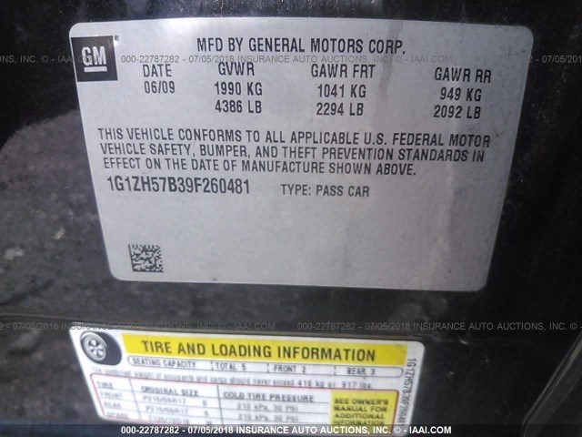 1G1ZH57B39F260481 - 2009 CHEVROLET MALIBU 1LT BLACK photo 9