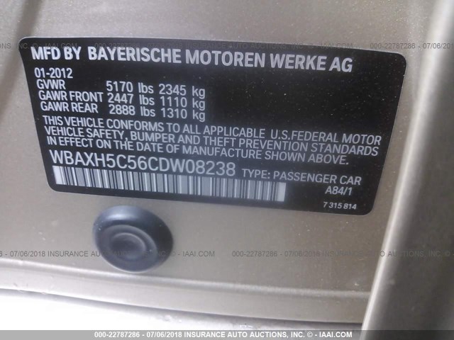 WBAXH5C56CDW08238 - 2012 BMW 528 XI BEIGE photo 9