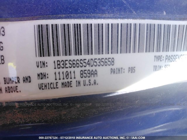 1B3ES66S54D535658 - 2004 DODGE NEON SRT-4 BLUE photo 9