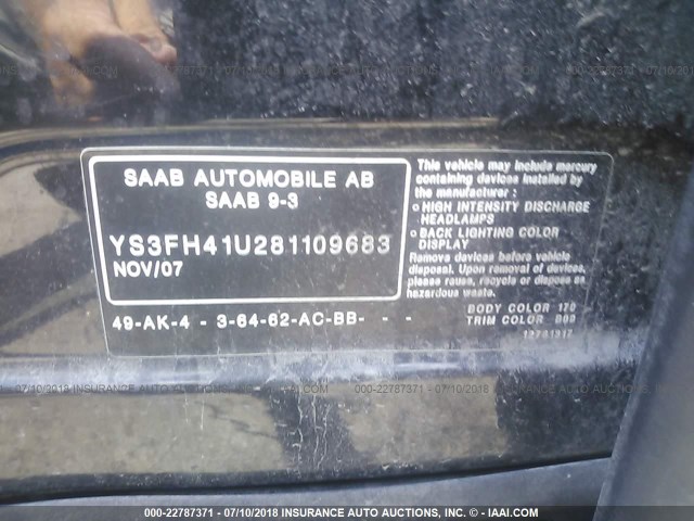 YS3FH41U281109683 - 2008 SAAB 9-3 AERO BLACK photo 9