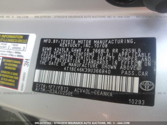 4T1BE46K39U366840 - 2009 TOYOTA CAMRY SE/LE/XLE 银色 照片 9
