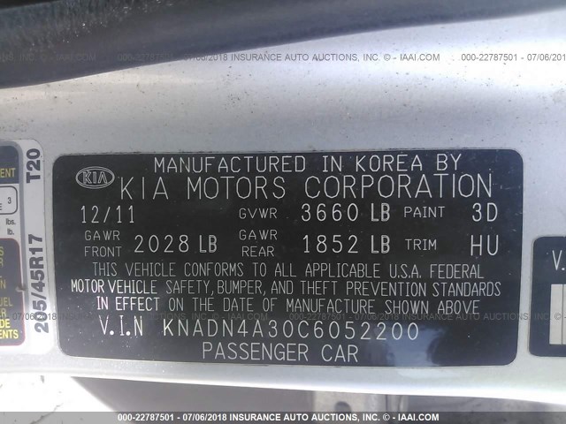 KNADN4A30C6052200 - 2012 KIA RIO EX/SX SILVER photo 9