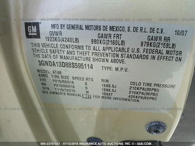 3GNDA13D88S595114 - 2008 CHEVROLET HHR LS GOLD photo 9