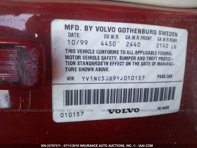 YVINC56D9YJ010157 - 2000 VOLVO C70 TURBO RED photo 9