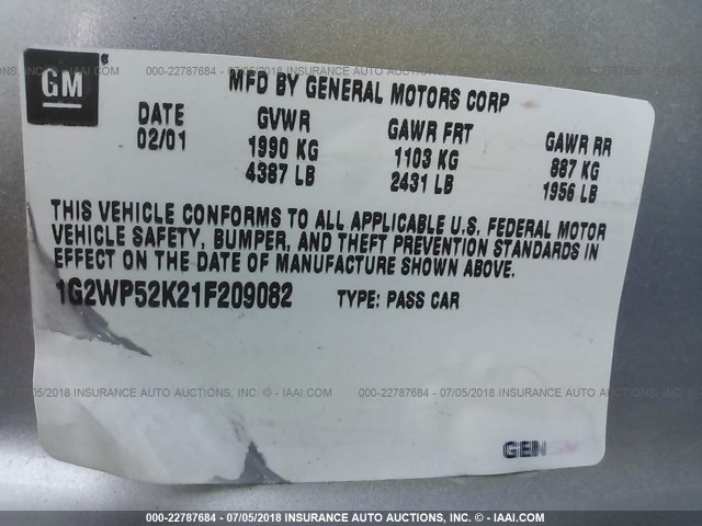 1G2WP53K21F209082 - 2001 PONTIAC GRAND PRIX GT SILVER photo 9