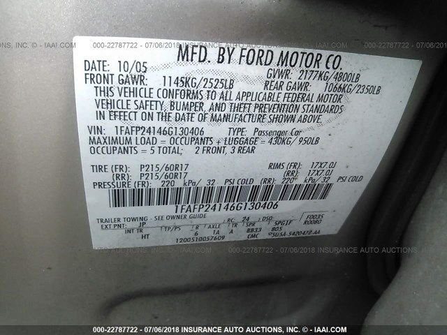 1FAFP24146G130406 - 2006 FORD FIVE HUNDRED SEL SILVER photo 9