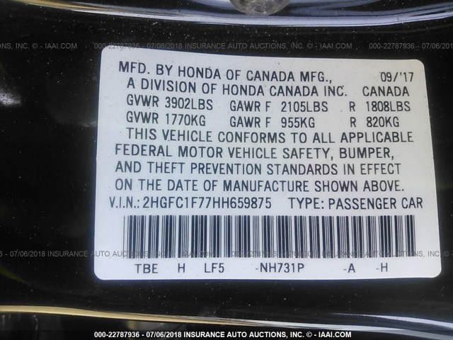2HGFC1F77HH659875 - 2017 HONDA CIVIC EXL 黑色 照片 9