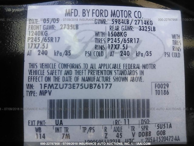 1FMZU73E75UB76177 - 2005 FORD EXPLORER XLT/XLT SPORT/NBX 黑色 照片 9