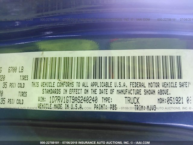 1D7RV1GT9AS240240 - 2010 DODGE RAM 1500 BLUE photo 9