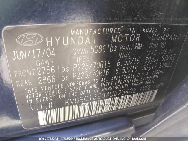 KM8SC13E34U823402 - 2004 HYUNDAI SANTA FE GLS/LX Dark Blue photo 9