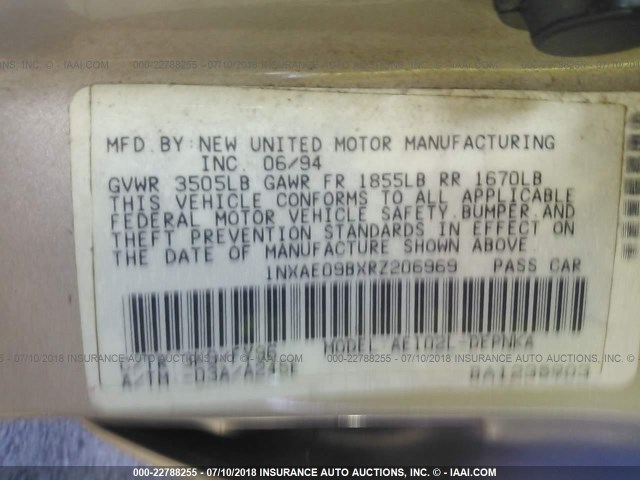 1NXAE09BXRZ206969 - 1994 TOYOTA COROLLA LE/DX თაფლისფერი ფოტო 9