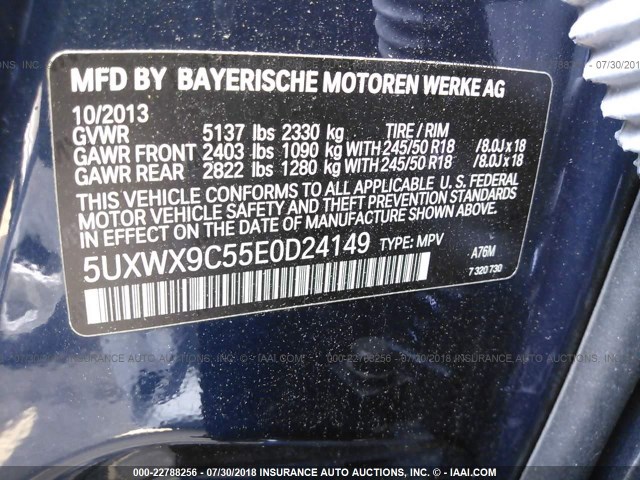 5UXWX9C55E0D24149 - 2014 BMW X3 XDRIVE28I BLUE photo 9