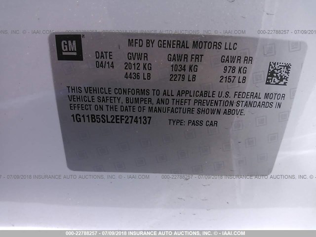 1G11B5SL2EF274137 - 2014 CHEVROLET MALIBU LS 白色 照片 9