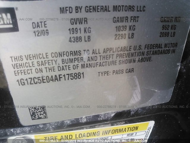 1G1ZC5E04AF175881 - 2010 CHEVROLET MALIBU 1LT შავი ფოტო 9